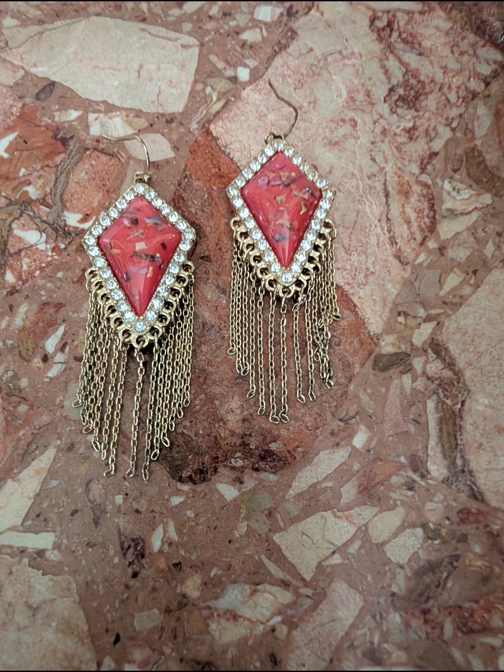 Vintage Gold-Tone Tassel Dangle Earrings with Coral Red Stone and Crystals